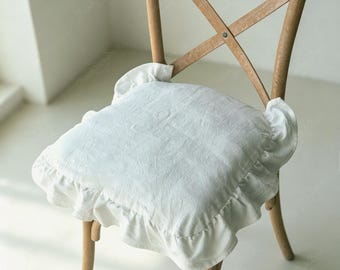 Natural Ramie Chair Pad, Gathered Ruffle Skirt Tie On Dining Chair Cushion