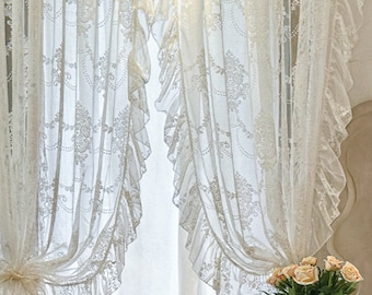 White Lace Embroidery Curtain: French Ruffle Edge, Semi Sheer