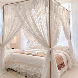 Elegant Lace Bed Canopy: Floral Embroidery, Romantic Bedroom Decor