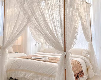 Elegant Lace Bed Canopy: Floral Embroidery, Romantic Bedroom Decor