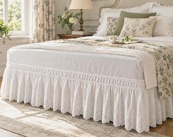 Princess Bed Skirt, Romantic Eyelet Lace Ruffle, Elastic Wrap Around Bed Valance