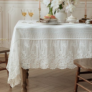 White Floral Embroidered Tablecloth for Wedding | Elegant Rectangle Macrame Table Cover