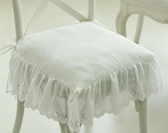 Cottagecore Floral Cutwork Lace Chair Pad, Gathered Ruffle Skirt Chair Cushion