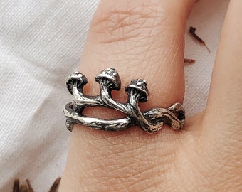 Mushrooms and Branches Ring | Witch Aesthetic, Botanical Inpired Jewelry, Hand Crafted, Artisan Made