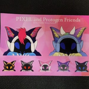 May include: A pink card featuring sticker designs of stylized cat-like characters with headphones. The top row has two larger images, and the bottom row has six smaller images. The text "PIXEL and Protogen Friends" is at the top.