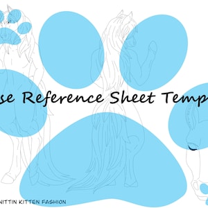 May include: Line art template for a horse reference sheet. The template includes three different views of a horse: front, side, and head. The template is on a white background with blue paw prints.