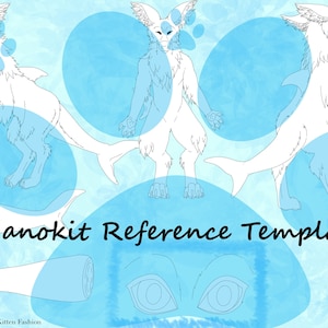 May include: A white Manokit reference template with three poses, a tail, and eye details. The text "Manokit Reference Template" is displayed in black. The background is light blue with darker blue oval shapes and paw prints.