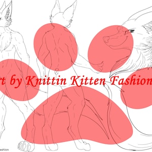 Puede incluir: Dibujo de línea de un personaje peludo en tres poses. El personaje tiene una cola larga y tupida y orejas puntiagudas. El texto "Art by Knittin Kitten Fashion" está escrito en rojo en la parte inferior de la imagen.