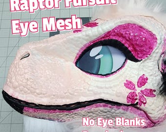 Malla sublimada para ojos de dinosaurio y raptor "Sígueme" para trajes de piel (solo malla). No se necesitan ojos en blanco.