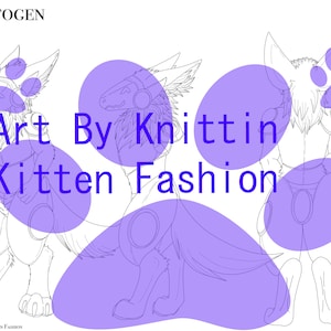 May include: Line art illustration of three furry, anthropomorphic characters with the text "Art By Knittit Kitten Fashion" in purple.