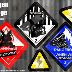 May include: Four diamond-shaped warning signs with black and white illustrations of a furry creature with a lightning bolt. The signs are labelled "Protogen" and have hazard warnings such as "Flammable" and "Dangerous When Wet".