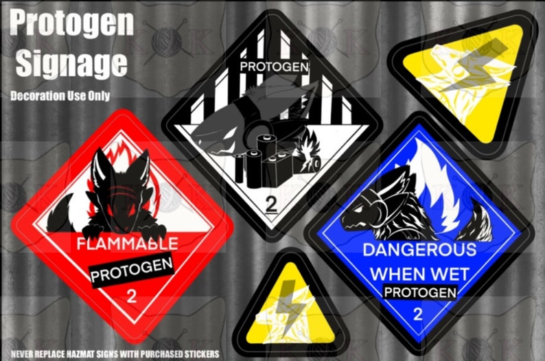 May include: Four diamond-shaped warning signs with black and white illustrations of a furry creature with a lightning bolt. The signs are labelled "Protogen" and have hazard warnings such as "Flammable" and "Dangerous When Wet".