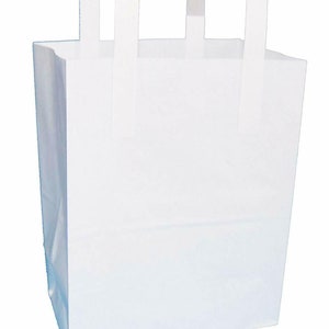 May include: A white paper bag with a white handle. The bag is empty.