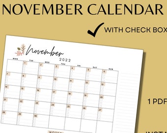 November Calendar 2022, Happy Thanksgiving Planner, Autumn Printable Fillable Monthly Calendar, Instant Download