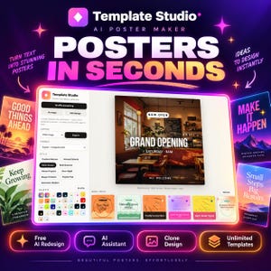 以下が含まれることがあります： Template Studio AI Poster Makerのデジタルインターフェース。レストランのインテリア画像を表示する中央のワークスペースと、周囲に配置された様々なポスターデザインの例、カラーパレット、テキストラベルで構成されています。