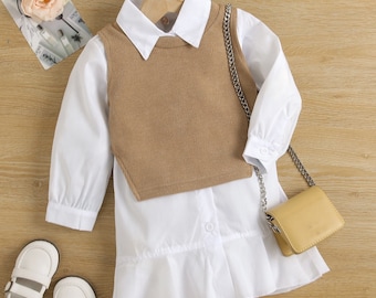 Dress shirt| vest dress | girl clothing | children clothing |white dress | brown vest |toddler dress |kids clothing