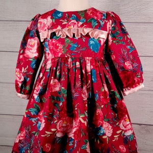 Size 3 red Christmas dress, red floral Holiday dress, Pioneer Woman fabric holiday outfit, 3/4 sleeve ruffled dress, Christmas party outfit