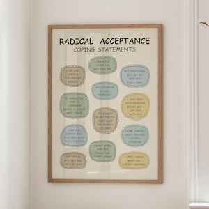 May include: A framed print with the words "RADICAL ACCEPTANCE" and "COPING STATEMENTS" in black text. The print features several colorful oval-shaped statements, such as "I can only control the present moment."