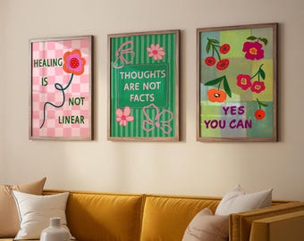 Muurkunstafdrukken geestelijke gezondheid, set van 3 posters met inspirerende en motiverende citaten, (digitale downloads)