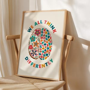 Neurodiversity Poster, We All Think Differently, Brain Art Print, Mental Health, School Psychologist, Classroom Decor