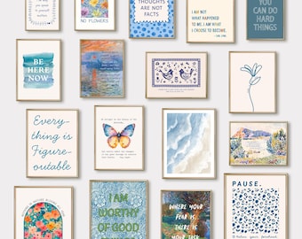 Mental Health Wall Art, Gallery Wall Art Set of 17 Prints for Therapy Office Decor, Mental Health Inspirational Quotes Blue