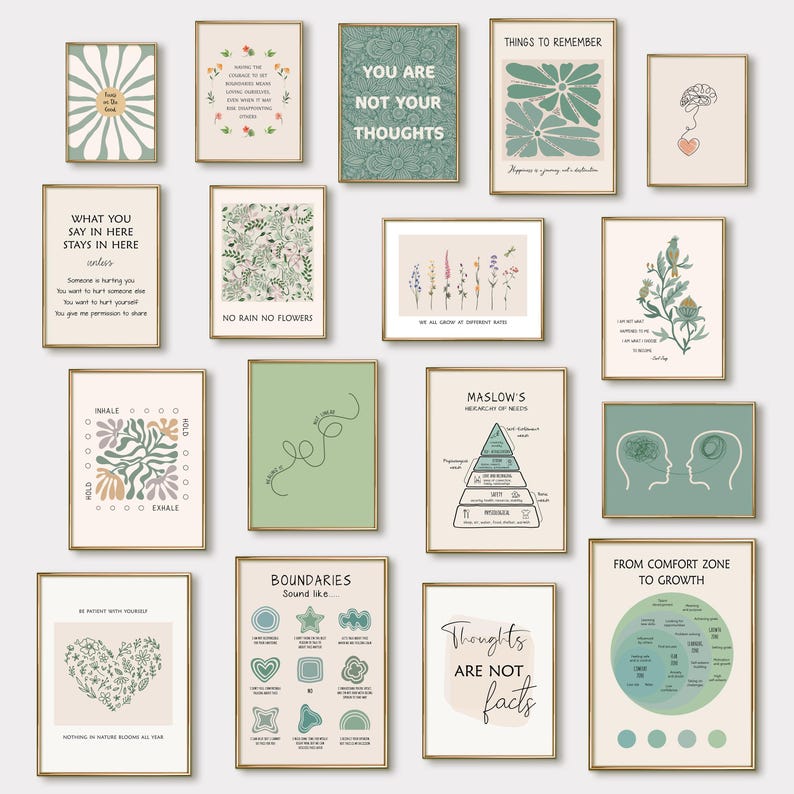 30 Mental Health Posters, Therapy Office Decor, Psychology Quotes Printable Green, Mental Health Wall Art Prints, Comfort Zone image 1