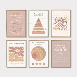 May include: Set of six printable wall art posters with motivational quotes and illustrations in a minimalist style with a peach and brown color scheme. The posters feature quotes such as "I can't control anyone else but I can control myself", "Things to remember", "From comfort zone to growth", "What you say in here stays in here", "Maslow's Hierarchy of Needs", and "Inhale, hold, exhale".