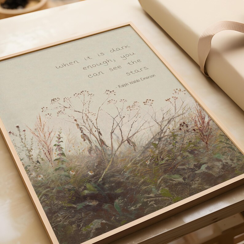 May include: A framed print with a watercolour landscape of grasses and wildflowers in muted tones. The quote "when it is dark enough, you can see the stars" is displayed in a delicate font, attributed to Ralph Waldo Emerson.