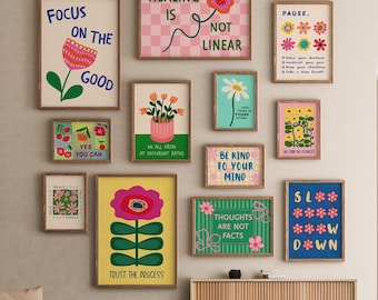12 Mental Health Posters: Colorful Hand-Drawn Inspirational Prints, Printable Wall Art for Therapy Office Decor (Digital Download)