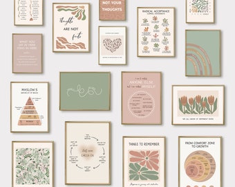 Pósteres de salud mental, juego de 16 láminas de psicología para decoración de consultorios de terapia, impresiones artísticas de pared para consultorios de consejeros.