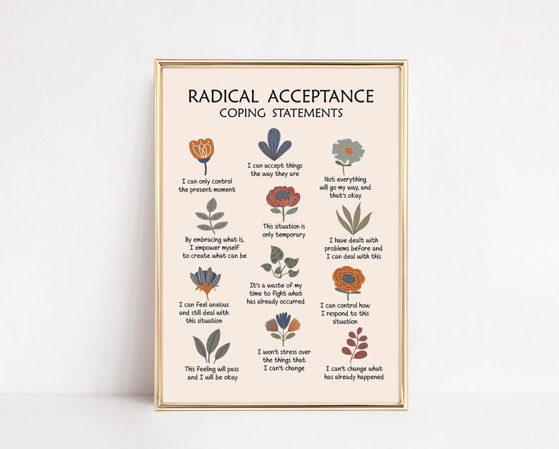 Radical Acceptance Coping Statements Printable, DBT Poster for Therapy Office Decor, Cognitive Distortions and Acceptance Commitments