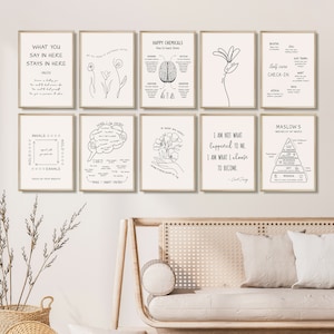 Pôsteres de saúde mental, conjunto de 12 pôsteres de psicologia para decoração de consultório de terapia, arte de parede de saúde mental preta