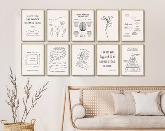Mental Health Prints, Set of 12 Psychology Posters for Therapy Office Decor, Mental Health Wall Art Black