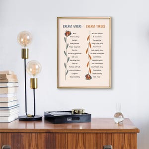 May include: A printable poster with a floral design and text that lists energy givers and energy takers. The energy givers are listed on the left side of the poster and the energy takers are listed on the right side of the poster.