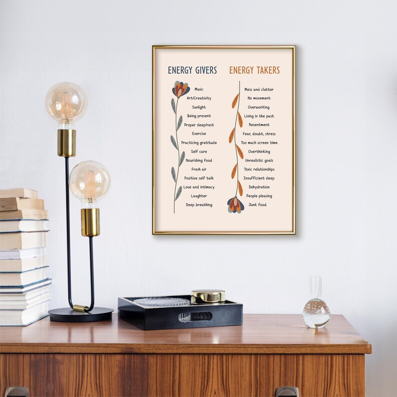May include: A printable poster with a floral design and text that lists energy givers and energy takers. The energy givers are listed on the left side of the poster and the energy takers are listed on the right side of the poster.