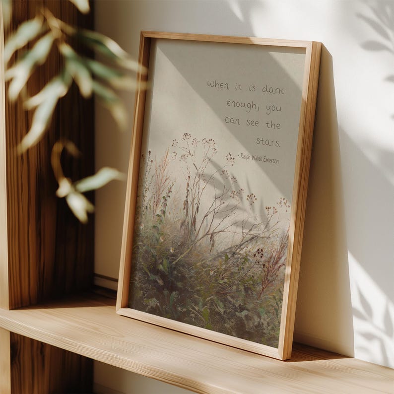 May include: A framed print with a light wood frame. The print features a field of tall grass and the quote, "When it is dark enough, you can see the stars." by Ralph Waldo Emerson. The print is on a wooden shelf.