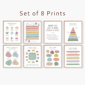 Set of 8 Prints for Therapy Office, Psychology Posters, Mental Health Bundle, School Psychology, What I Can Control, Happy Chemicals