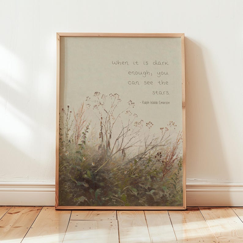 May include: A framed print with a quote by Ralph Waldo Emerson: "When it is dark enough, you can see the stars." The artwork features a botanical illustration of grasses and wildflowers in a neutral color scheme.