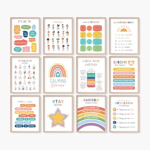Puede incluir: Un conjunto de diez carteles imprimibles con ilustraciones y texto coloridos. Los carteles están diseñados para ayudar a los niños a lidiar con los sentimientos, controlar el estrés y desarrollar la autoestima. Los carteles incluyen títulos como "Está bien...", "Sentimientos", "¿Cómo te sientes?", "Recuerda siempre", "Alfabeto de habilidades de afrontamiento", "Esquina tranquila", "Comprueba tu batería", "Regístrate contigo mismo", "Hoy voy a", "Respiración estelar", "Técnicas de conexión a tierra del arcoíris" y "Técnica de conexión a tierra 5-4-3-2-1".