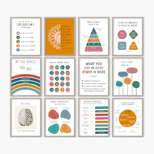 Set of 12 Prints for Therapy Office, Mental Health Posters, Psychology Bundle, School Psychologist, Coping Skills, Personal Growth