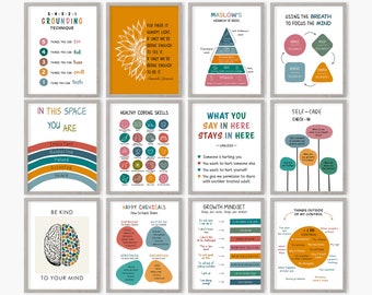 Set of 12 Prints for Therapy Office, Mental Health Posters, Psychology Bundle, School Psychologist, Coping Skills, Personal Growth