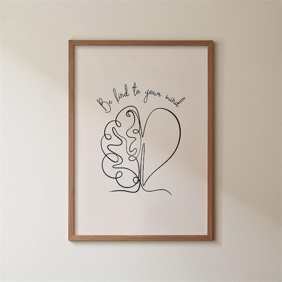 Be Kind to Your Mind, Mental Health Poster Black, Therapy Office Decor, Psychology Art Print, Brain Health, Mindfulness Poster