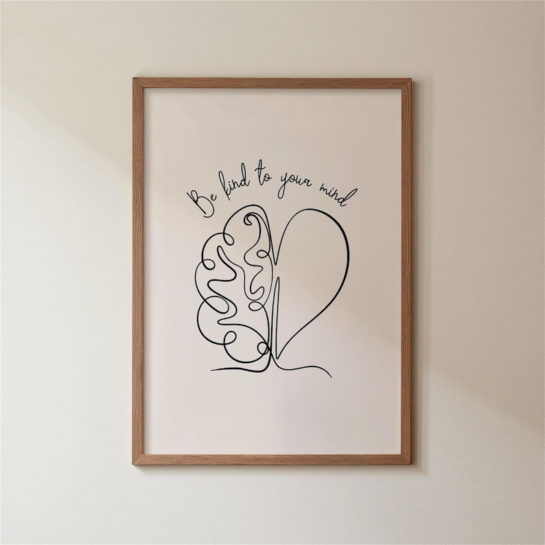 Be Kind to Your Mind, Mental Health Poster Black, Therapy Office Decor, Psychology Art Print, Brain Health, Mindfulness Poster image 1