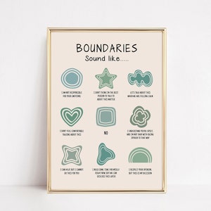 Op de afbeelding: Een afdrukbare poster met een lichtbeige achtergrond en een gouden lijst. De poster toont het woord "Boundaries" in donkerblauwe letters met een lichtblauwe omtrek. De poster heeft negen verschillende vormen met tekst in elke vorm. De vormen zijn in verschillende tinten blauw en groen. De tekst in de vormen omvat zinnen als "Ik ben niet verantwoordelijk voor je emoties" en "Ik heb wat tijd voor mezelf nodig, nu, maar we kunnen dit later bespreken."