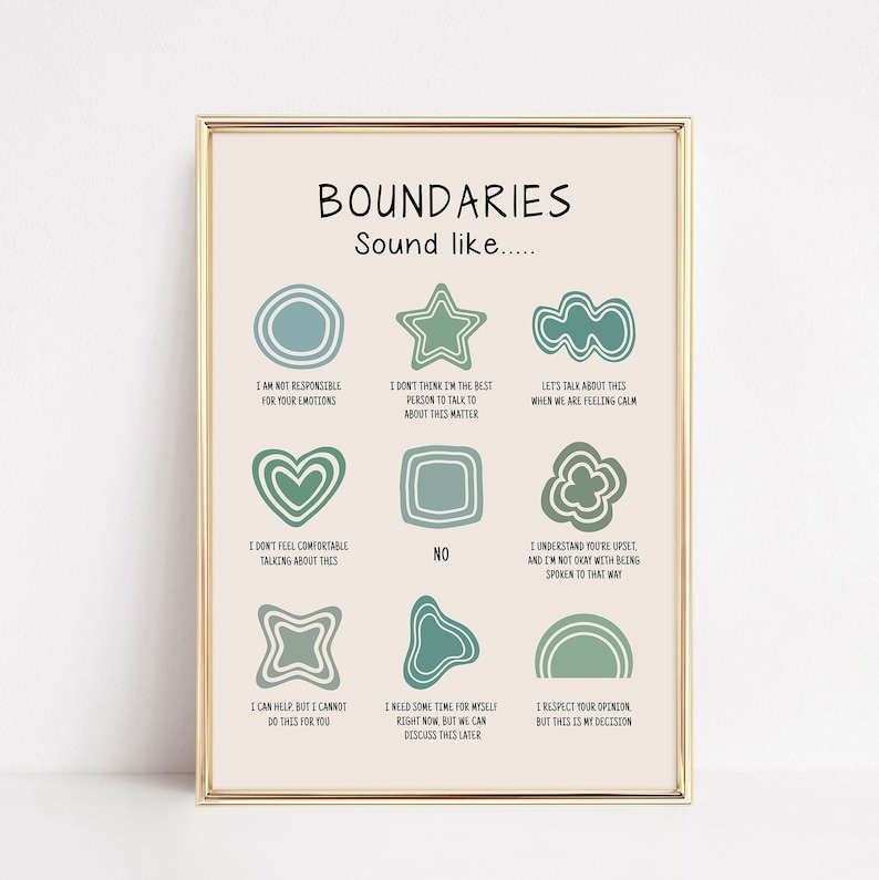 Op de afbeelding: Een afdrukbare poster met een lichtbeige achtergrond en een gouden lijst. De poster toont het woord "Boundaries" in donkerblauwe letters met een lichtblauwe omtrek. De poster heeft negen verschillende vormen met tekst in elke vorm. De vormen zijn in verschillende tinten blauw en groen. De tekst in de vormen omvat zinnen als "Ik ben niet verantwoordelijk voor je emoties" en "Ik heb wat tijd voor mezelf nodig, nu, maar we kunnen dit later bespreken."
