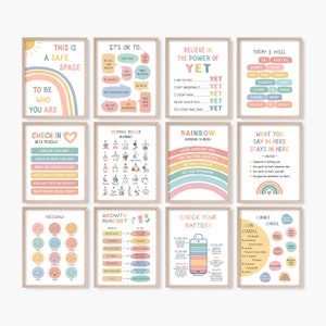 Set of 12 Psychology Posters for Kids, Classroom Bundle, Coping Skills Poster, Feelings Chart, Growth Mindset, Zones of Regulation