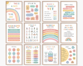 Set of 12 Psychology Posters for Kids, Classroom Bundle, Coping Skills Poster, Feelings Chart, Growth Mindset, Zones of Regulation