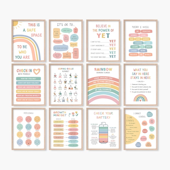 Set of 12 Psychology Posters for Kids, Classroom Bundle, Coping Skills Poster, Feelings Chart, Growth Mindset, Zones of Regulation