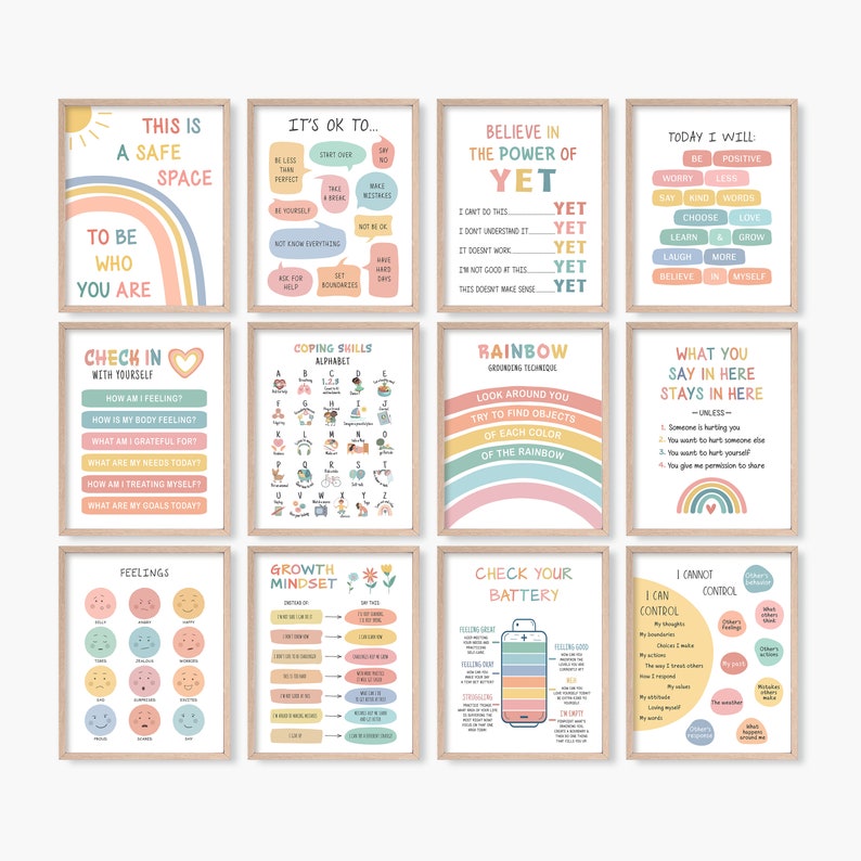 Set of 12 Psychology Posters for Kids, Classroom Bundle, Coping Skills Poster, Feelings Chart, Growth Mindset, Zones of Regulation image 1