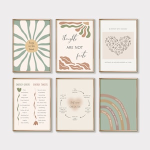 May include: Set of six printable wall art prints with motivational quotes and illustrations in a minimalist style. The prints feature a green and brown color scheme with abstract shapes and floral designs. The quotes include "Focus on the good", "Thoughts are not facts", "Be patient with yourself", "Nothing in nature blooms all year", "Self-care check-in", and "Soften your eyebrows, unclench your jaw, relax your shoulders, take a deep breath".